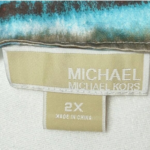 Michael Kors Plus Size 2X Flowy Blouse – Side Tie | Blue Orange White Tan - Picture 5 of 7